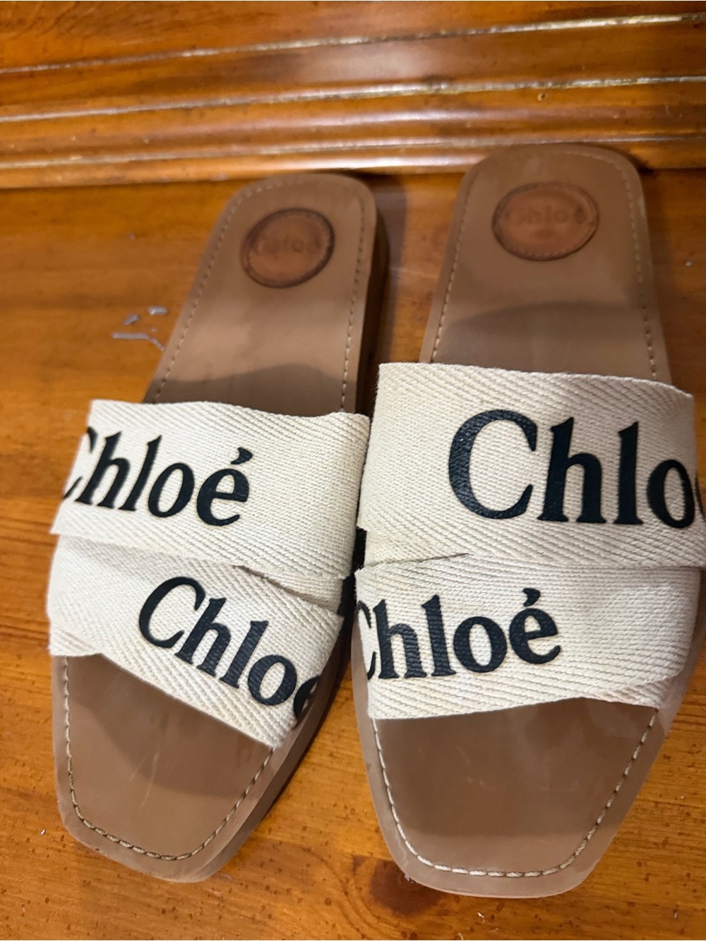 Chloe Beige Canvas Logo Slide Sandals